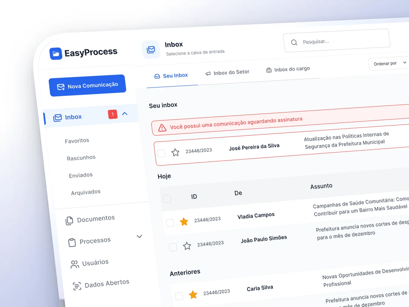 Caixa de entrada do EasyProcess, com inbox pessoal, do setor e do cargo, e aviso de comunicação aguardando assinatura